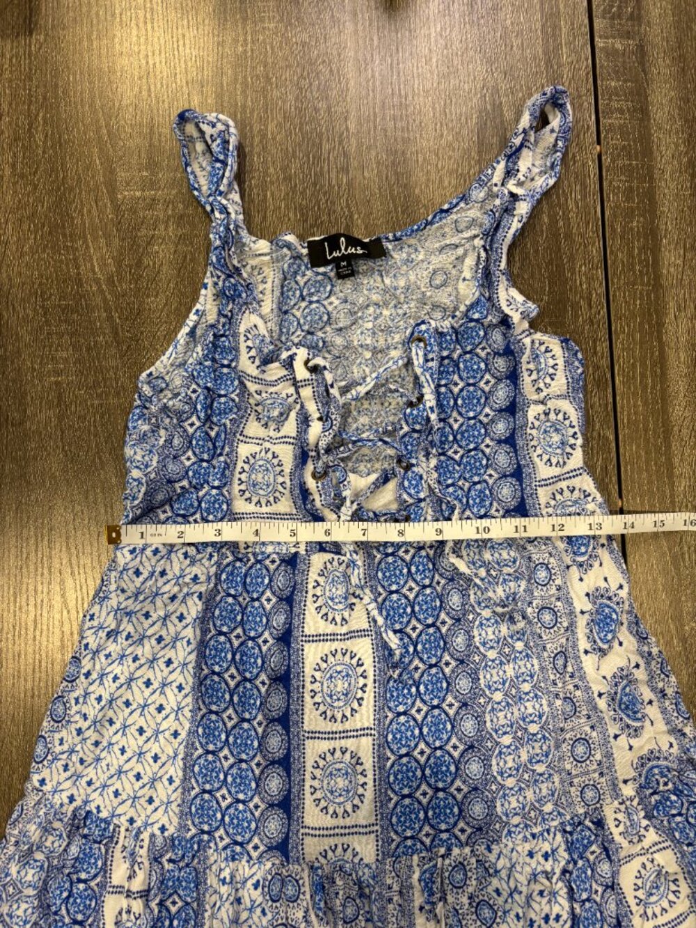 Lulus Cache Creek Blue & White Print Lace-Up Tiered Boho Swing Mini Dress M - Picture 2 of 4